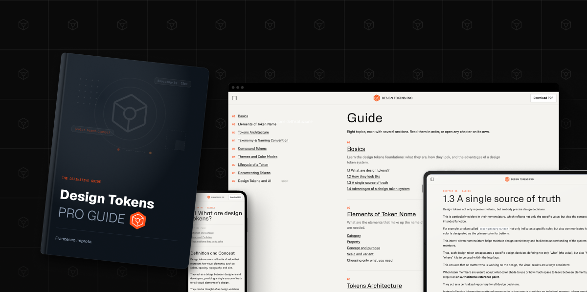 Design Tokens Pro guide, shown as a book beside the website on desktop and tablet