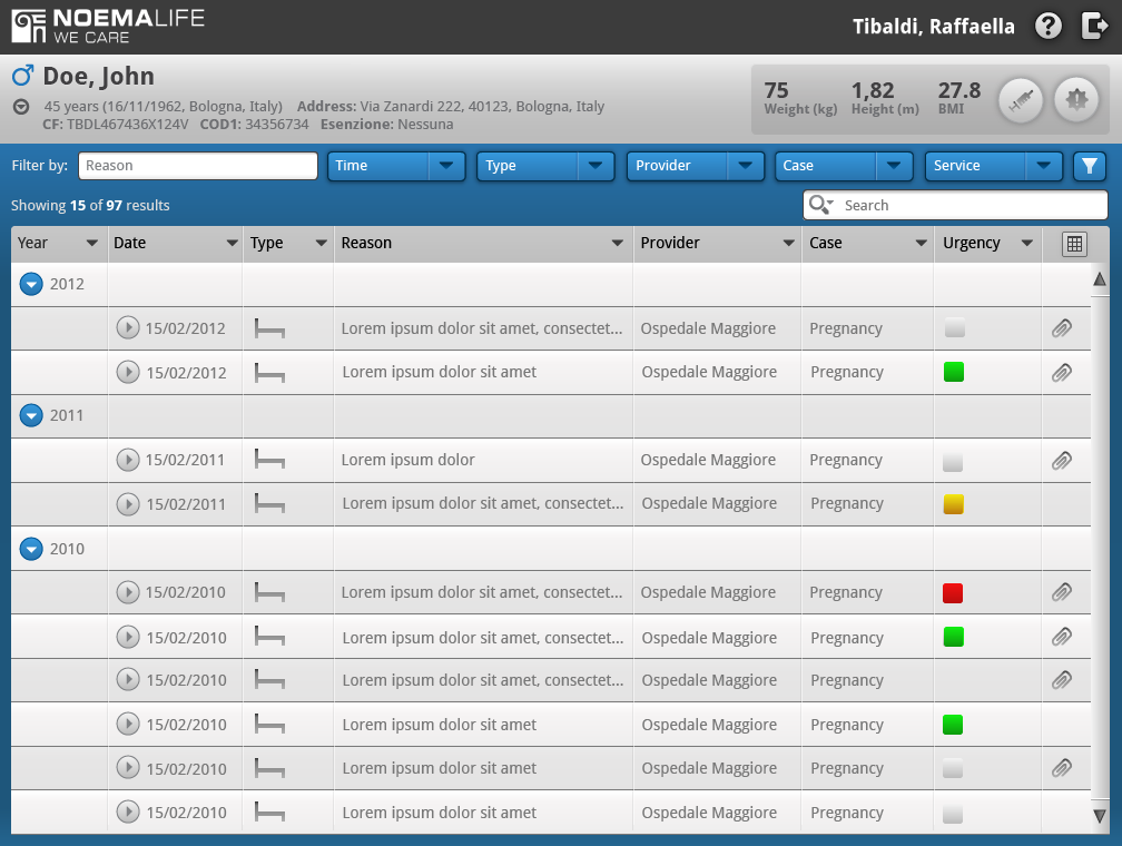 Patient clinical history encounters list on mobile