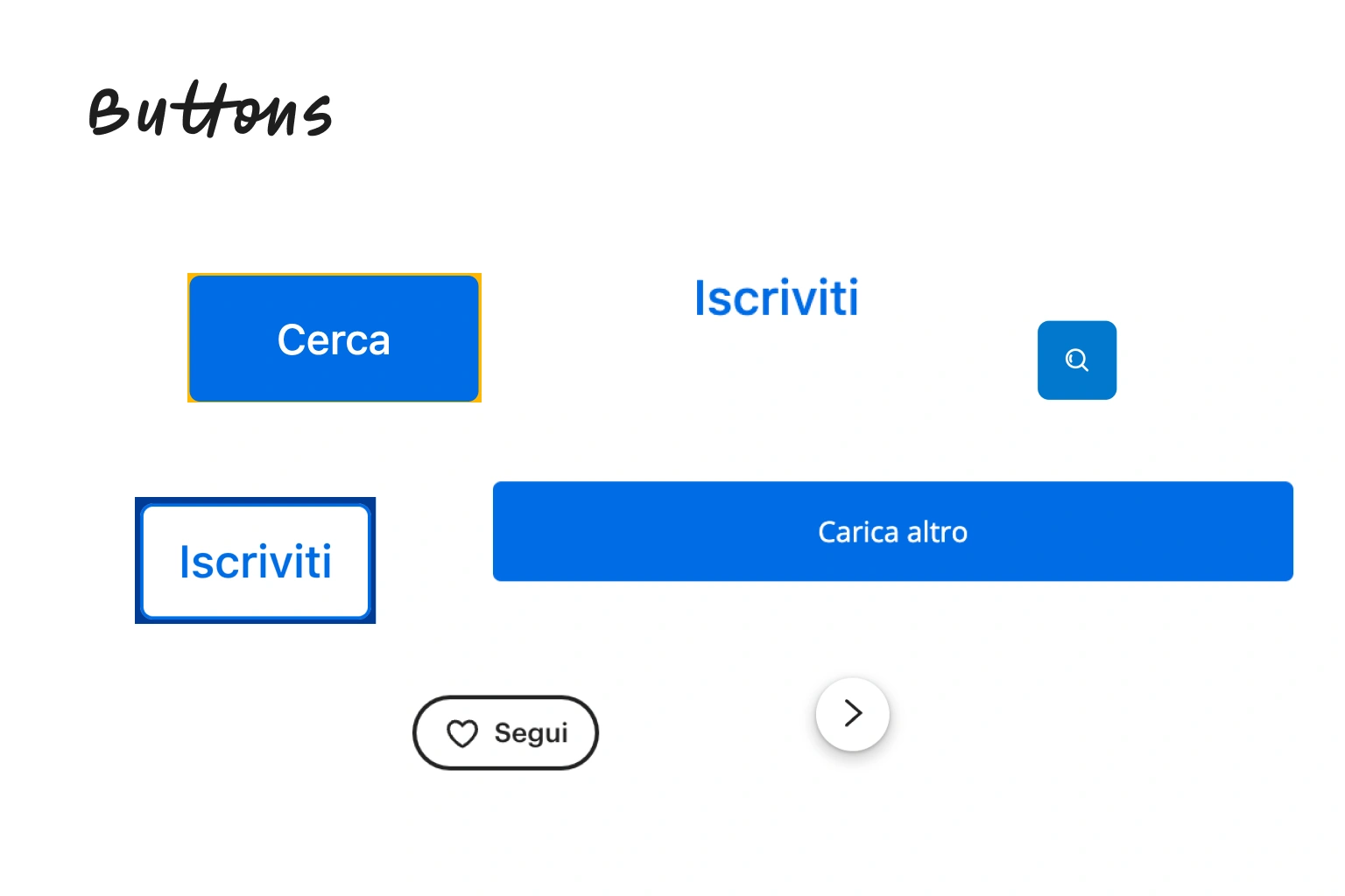 Pulsanti duplicati e diversi tra loro per colore, dimensione e stile