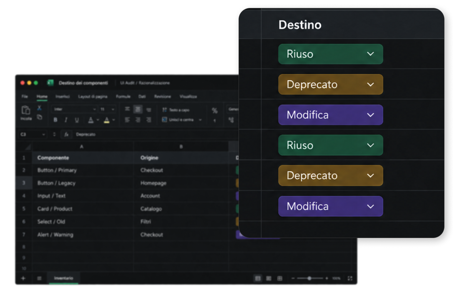 Foglio excel con le priorità definite in base all'inventario